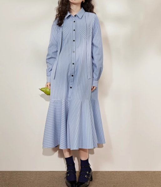 画像7: Women's Striped fishtail skirt ruffled patchwork shirt dress ストライプロングフィッシュテールドレスワンピース (7)