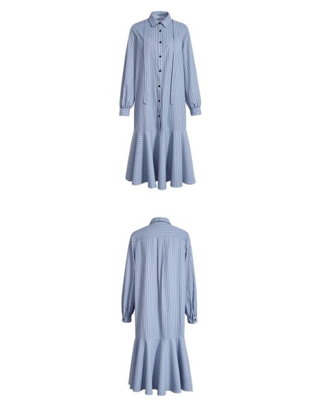画像2: Women's Striped fishtail skirt ruffled patchwork shirt dress ストライプロングフィッシュテールドレスワンピース (2)