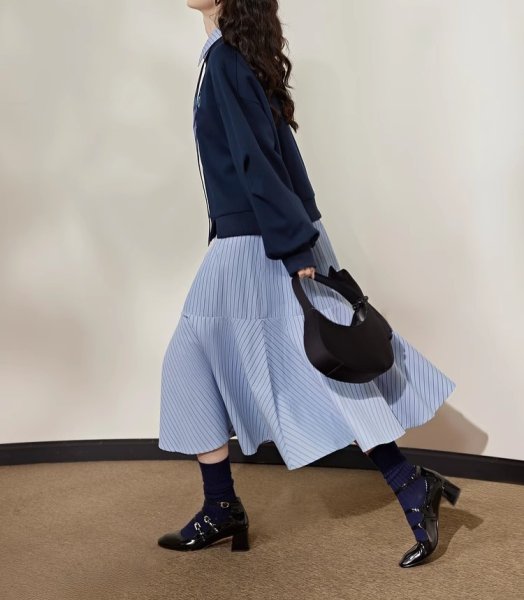 画像5: Women's Striped fishtail skirt ruffled patchwork shirt dress ストライプロングフィッシュテールドレスワンピース (5)