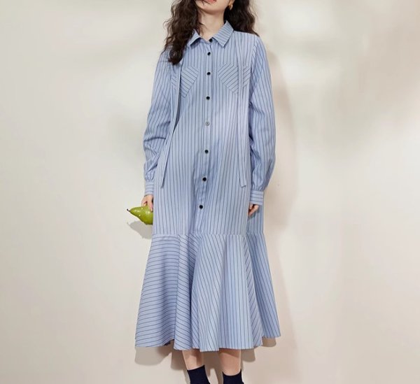 画像3: Women's Striped fishtail skirt ruffled patchwork shirt dress ストライプロングフィッシュテールドレスワンピース (3)