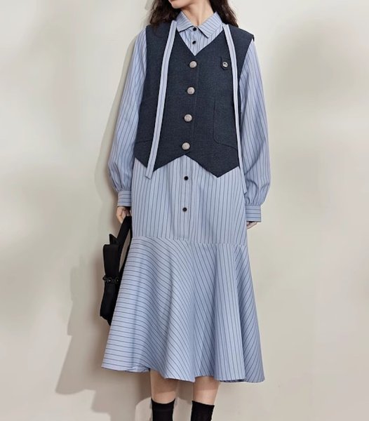 画像8: Women's Striped fishtail skirt ruffled patchwork shirt dress ストライプロングフィッシュテールドレスワンピース (8)