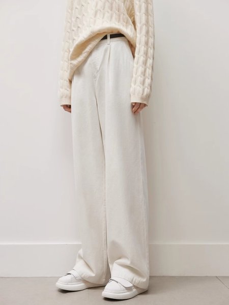 画像2:  Simple Off-White Straight Jeans　オフホワイトカラーデニムシンプルワイドストレートパンツ (2)