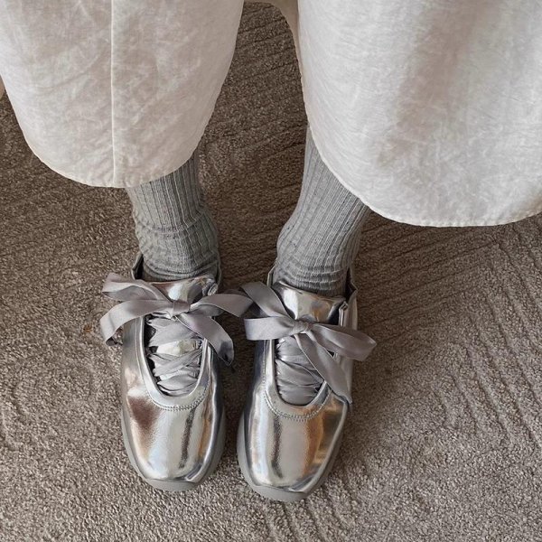 画像4: celebrity ins silver round toe flat casual shoes  pumps shoes　シルバーラウンドトゥフラットバレーシューズパンプス  (4)