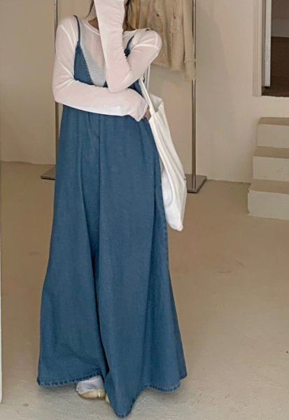 画像7: Women's French style denim suspender dress フレンチスタイルデニムサスペンダーロングドレスワンピース (7)