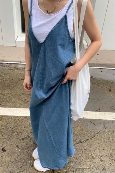画像3: Women's French style denim suspender dress フレンチスタイルデニムサスペンダーロングドレスワンピース (3)