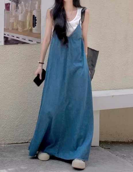 画像6: Women's French style denim suspender dress フレンチスタイルデニムサスペンダーロングドレスワンピース (6)