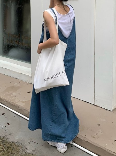 画像5: Women's French style denim suspender dress フレンチスタイルデニムサスペンダーロングドレスワンピース (5)