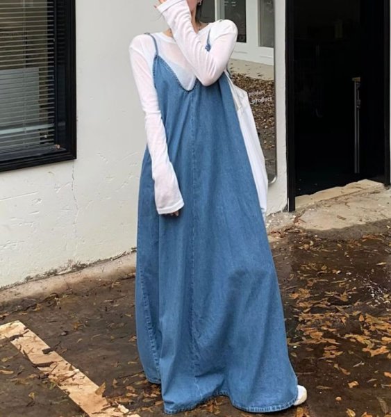 画像2: Women's French style denim suspender dress フレンチスタイルデニムサスペンダーロングドレスワンピース (2)