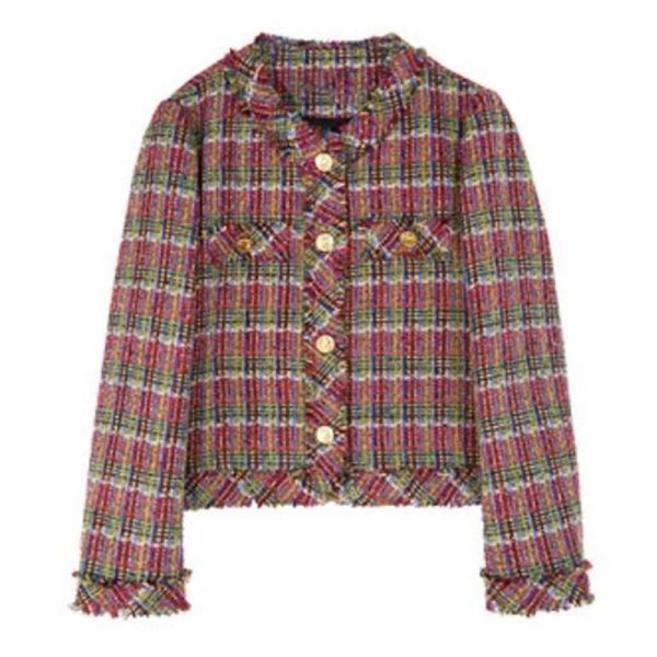 画像1: plaid small fragranceraw edge tweed  jacket coat　スモールフレグランスローエッジチェックツイードフリンジジャケット (1)