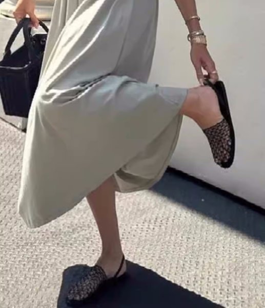 画像4:  fishnet woven hollow Roman sandals  flat  slippers pumps shoes　網織り メッシュフラットレザーバックベルトサンダルスリッパパンプス バレーシューズ (4)