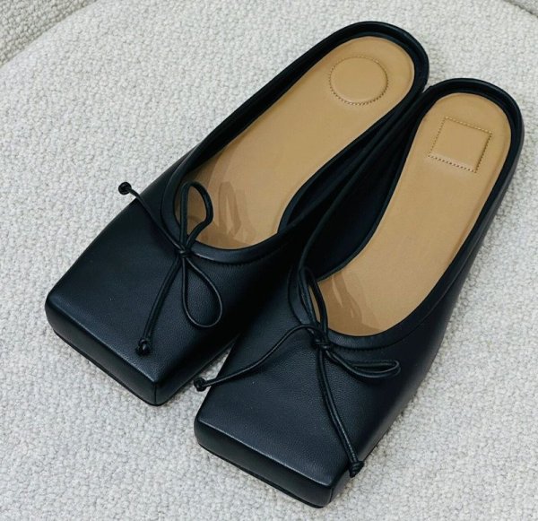 画像1: Genuine leather niche design bow square toe flat half slippers pumps shoes　リボンスクエアトゥ フラットレザーハーフサンダルスリッパパンプス バレーシューズ (1)