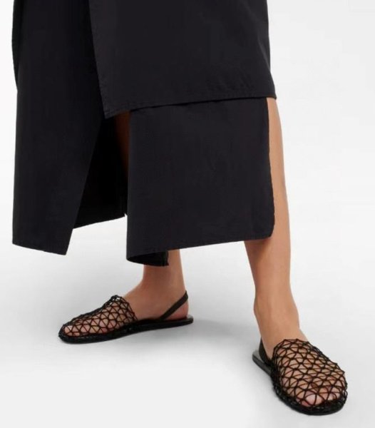 画像5:  fishnet woven hollow Roman sandals  flat  slippers pumps shoes　網織り メッシュフラットレザーバックベルトサンダルスリッパパンプス バレーシューズ (5)