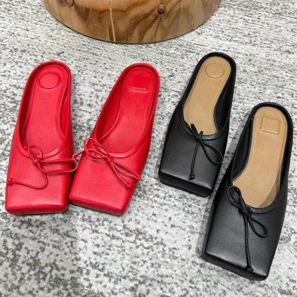画像4: Genuine leather niche design bow square toe flat half slippers pumps shoes　リボンスクエアトゥ フラットレザーハーフサンダルスリッパパンプス バレーシューズ (4)