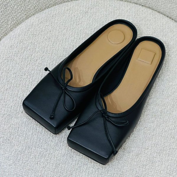 画像5: Genuine leather niche design bow square toe flat half slippers pumps shoes　リボンスクエアトゥ フラットレザーハーフサンダルスリッパパンプス バレーシューズ (5)