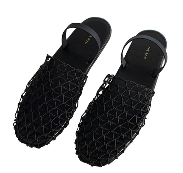 画像8:  fishnet woven hollow Roman sandals  flat  slippers pumps shoes　網織り メッシュフラットレザーバックベルトサンダルスリッパパンプス バレーシューズ (8)