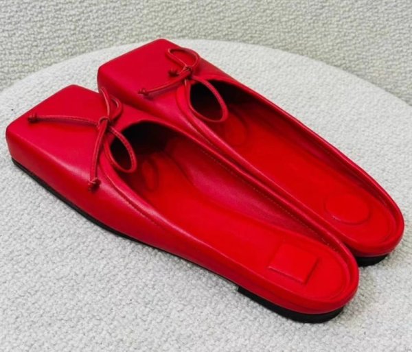 画像2: Genuine leather niche design bow square toe flat half slippers pumps shoes　リボンスクエアトゥ フラットレザーハーフサンダルスリッパパンプス バレーシューズ (2)