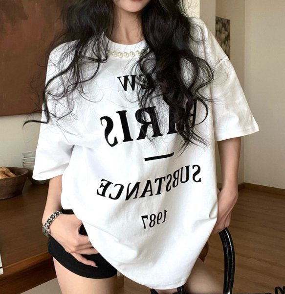 画像4: Women's Letter print & pearl T-shirt　レタープリント＆パール付き半袖Tシャツ (4)