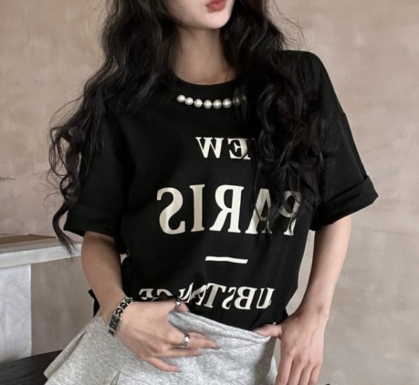 画像1: Women's Letter print & pearl T-shirt　レタープリント＆パール付き半袖Tシャツ (1)