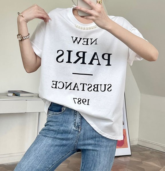 画像2: Women's Letter print & pearl T-shirt　レタープリント＆パール付き半袖Tシャツ (2)