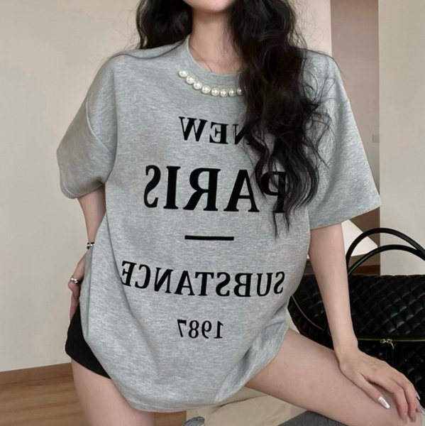 画像3: Women's Letter print & pearl T-shirt　レタープリント＆パール付き半袖Tシャツ (3)