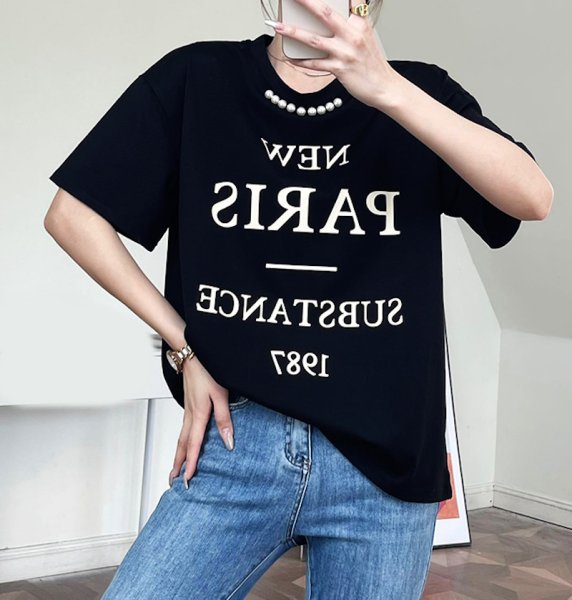 画像5: Women's Letter print & pearl T-shirt　レタープリント＆パール付き半袖Tシャツ (5)