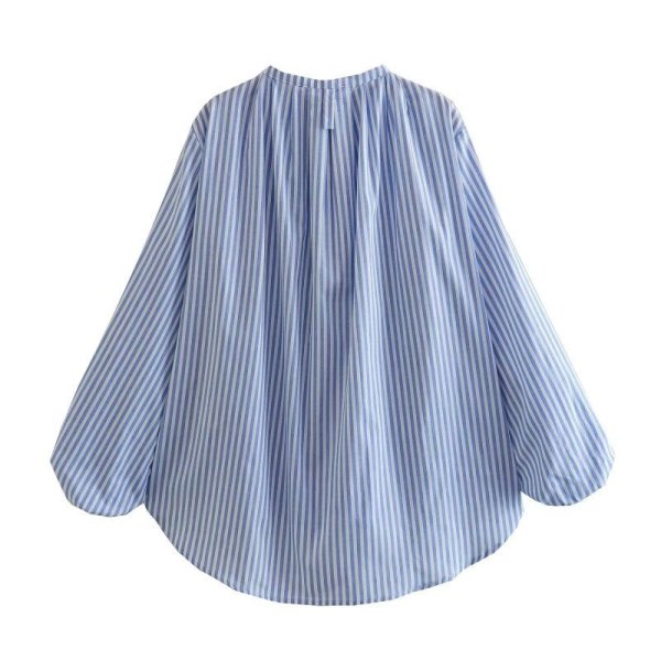 画像4: Women's stand collar lantern sleeve half placket shirt long sleeve ラタンスリーブスタンドカラーブラウス Tシャツチュニック (4)