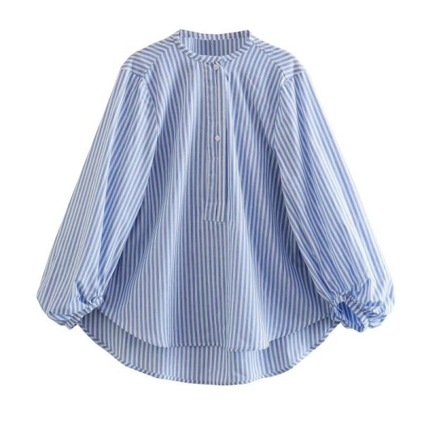 画像2: Women's stand collar lantern sleeve half placket shirt long sleeve ラタンスリーブスタンドカラーブラウス Tシャツチュニック (2)