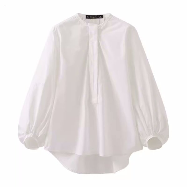 画像3: Women's stand collar lantern sleeve half placket shirt long sleeve ラタンスリーブスタンドカラーブラウス Tシャツチュニック (3)