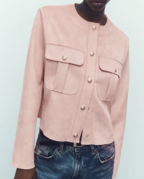 画像3:  Suede texture effect shirt jacket スエード調ピンクジャケットショート丈 (3)