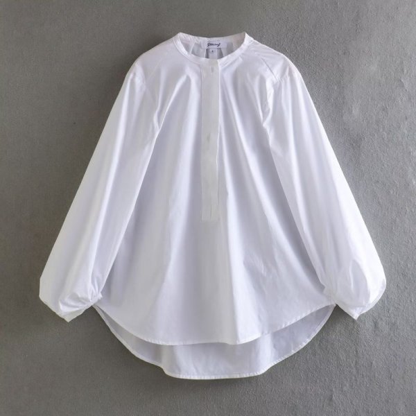 画像5: Women's stand collar lantern sleeve half placket shirt long sleeve ラタンスリーブスタンドカラーブラウス Tシャツチュニック (5)