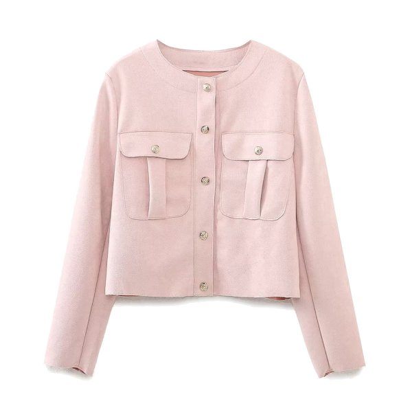 画像1:  Suede texture effect shirt jacket スエード調ピンクジャケットショート丈 (1)