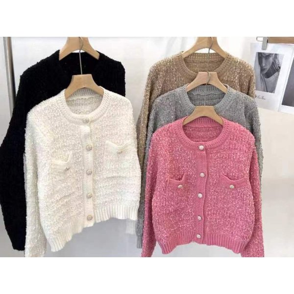 画像9: Round neck single-breasted tweed long sleeve cardigan sweater jacket 　ラウンドネックシングルブレストツイード長袖カーディガンセータージャケットショート丈 (9)