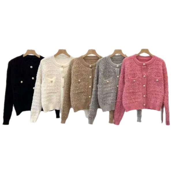 画像8: Round neck single-breasted tweed long sleeve cardigan sweater jacket 　ラウンドネックシングルブレストツイード長袖カーディガンセータージャケットショート丈 (8)