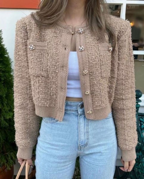 画像7: Round neck single-breasted tweed long sleeve cardigan sweater jacket 　ラウンドネックシングルブレストツイード長袖カーディガンセータージャケットショート丈 (7)