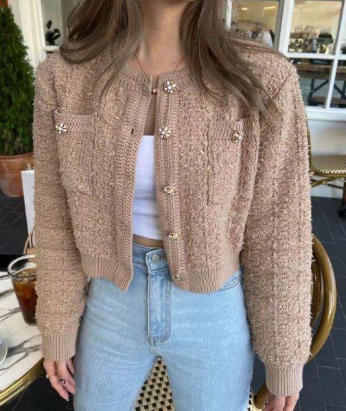 画像3: Round neck single-breasted tweed long sleeve cardigan sweater jacket 　ラウンドネックシングルブレストツイード長袖カーディガンセータージャケットショート丈 (3)