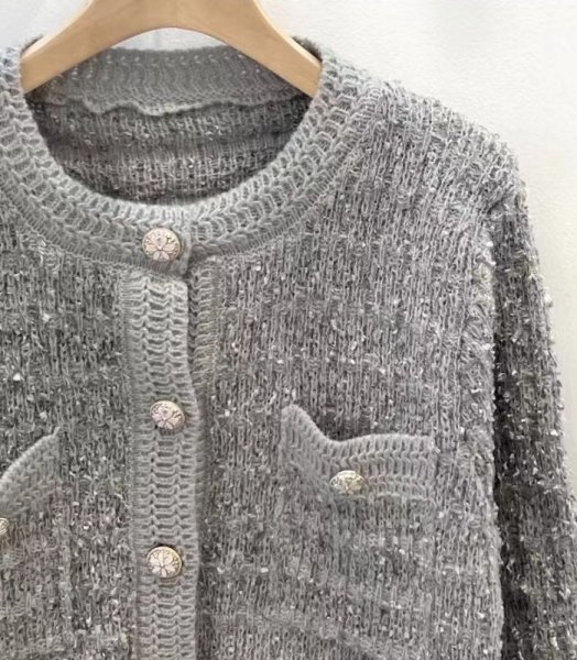 画像4: Round neck single-breasted tweed long sleeve cardigan sweater jacket 　ラウンドネックシングルブレストツイード長袖カーディガンセータージャケットショート丈 (4)