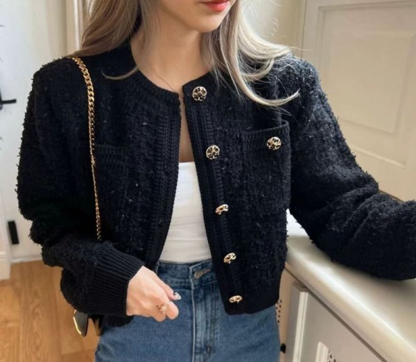 画像6: Round neck single-breasted tweed long sleeve cardigan sweater jacket 　ラウンドネックシングルブレストツイード長袖カーディガンセータージャケットショート丈 (6)