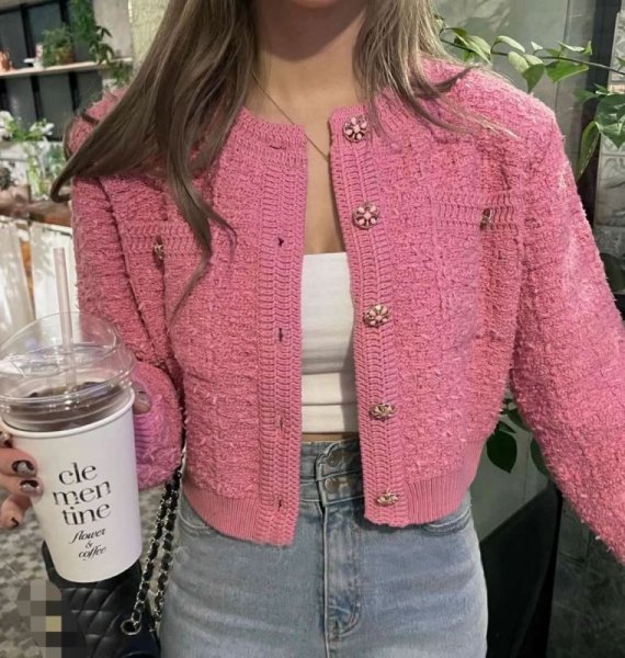 画像5: Round neck single-breasted tweed long sleeve cardigan sweater jacket 　ラウンドネックシングルブレストツイード長袖カーディガンセータージャケットショート丈 (5)