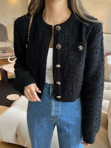 画像2: Round neck single-breasted tweed long sleeve cardigan sweater jacket 　ラウンドネックシングルブレストツイード長袖カーディガンセータージャケットショート丈 (2)