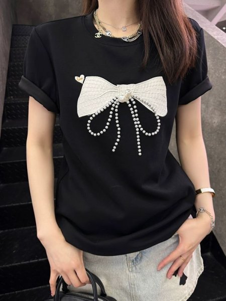 画像8: Women's pearl embroidered bow loose pullover top T-shirt パール付きリボンボウ半袖Tシャツ (8)