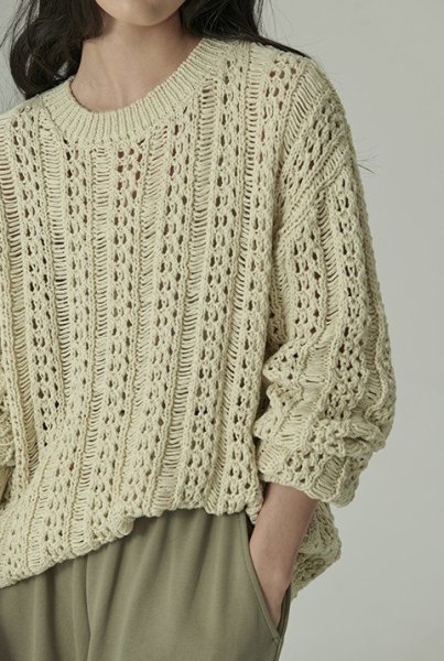 画像1: Women's casual and gentle design hollow knitted  openwork knitting round neck sweater 透かし編みフラウンドネックセーター (1)