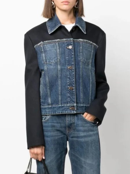 画像2: lapel long-sleeved denim splicing designFrench style jacket  異素材コンビデニムジャケットGジャン (2)