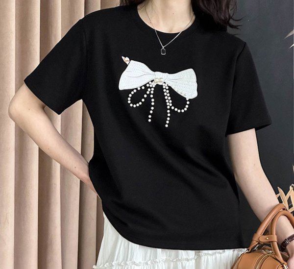 画像2: Women's pearl embroidered bow loose pullover top T-shirt パール付きリボンボウ半袖Tシャツ (2)