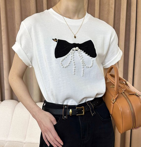 画像9: Women's pearl embroidered bow loose pullover top T-shirt パール付きリボンボウ半袖Tシャツ (9)