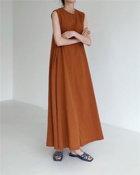 画像4: Women's simple loose wide sleeveless long cotton and linen dress　シンプルAラインノースリーブロングマキシドレスワンピース (4)