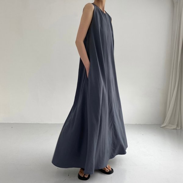 画像9: Women's simple loose wide sleeveless long cotton and linen dress　シンプルAラインノースリーブロングマキシドレスワンピース (9)