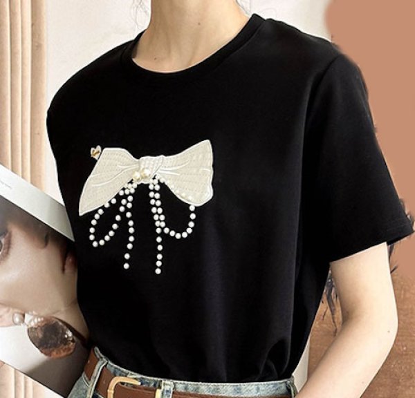 画像5: Women's pearl embroidered bow loose pullover top T-shirt パール付きリボンボウ半袖Tシャツ (5)