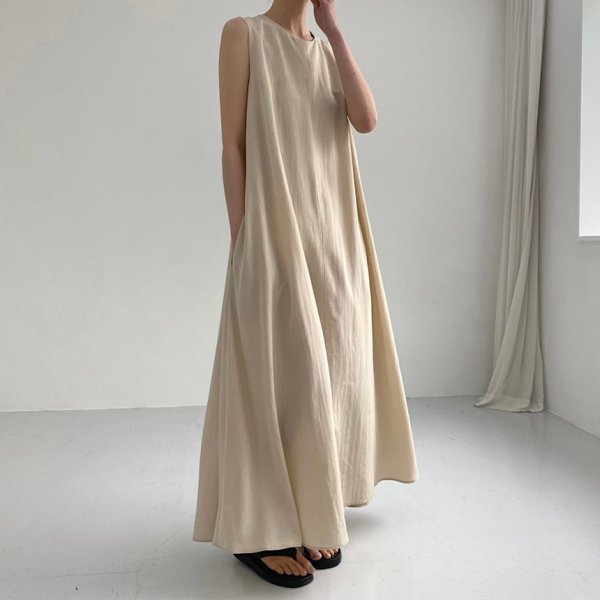 画像12: Women's simple loose wide sleeveless long cotton and linen dress　シンプルAラインノースリーブロングマキシドレスワンピース (12)