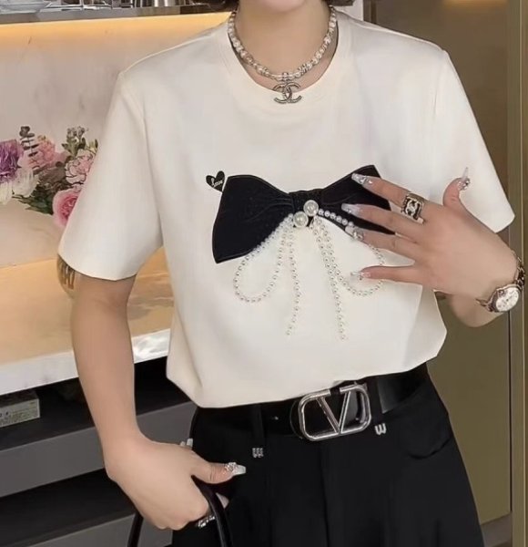 画像7: Women's pearl embroidered bow loose pullover top T-shirt パール付きリボンボウ半袖Tシャツ (7)