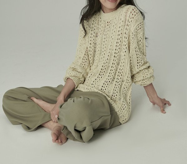 画像7: Women's casual and gentle design hollow knitted  openwork knitting round neck sweater 透かし編みフラウンドネックセーター (7)